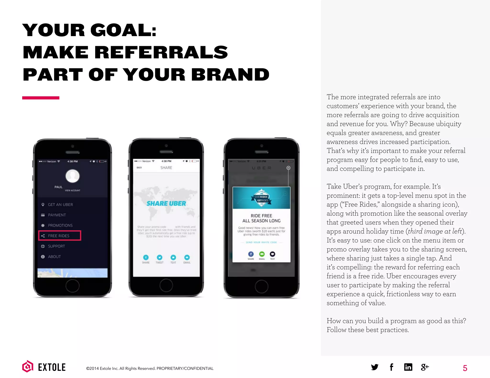 5©2014 Extole Inc. All Rights Reserved. PROPRIETARY/CONFIDENTIAL
YOUR GOAL:
MAKE REFERRALS
PART OF YOUR BRAND
The more integrated referrals are into
customers’ experience with your brand, the
more referrals are going to drive acquisition
and revenue for you. Why? Because ubiquity
equals greater awareness, and greater
awareness drives increased participation.
That’s why it’s important to make your referral
program easy for people to ﬁnd, easy to use,
and compelling to participate in.
Take Uber’s program, for example. It’s
prominent: it gets a top-level menu spot in the
app (“Free Rides,” alongside a sharing icon),
along with promotion like the seasonal overlay
that greeted users when they opened their
apps around holiday time (third image at left).
It’s easy to use: one click on the menu item or
promo overlay takes you to the sharing screen,
where sharing just takes a single tap. And
it’s compelling: the reward for referring each
friend is a free ride. Uber encourages every
user to participate by making the referral
experience a quick, frictionless way to earn
something of value.
How can you build a program as good as this?
Follow these best practices.
 
