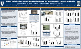 TEMPLATE DESIGN © 2008 
www.PosterPresentations.com 
Motor Deficits in a Novel Optineurin Mouse for Amyotrophic Lateral Sclerosis 
McKee, C.1, Bomze, H.1, Rhodes, T.2,3, Means, C.2,3, Rodriguiz, R.M.2,3, Wetsel, W.C.2,3,4, Tseng, H.C.1 
1Department of Ophthalmology, 2Department of Psychiatry and Behavioral Sciences, 3Mouse Behavioral and Neuroendocrine Analysis Core Facility, 4Departments of Cell Biology and Neurobiology 
Duke Eye Center and Duke University Medical Center, Durham, NC 27710 
Introduction 
Methods 
Conclusions 
 Mutations in optineurin are associated with 
familial glaucoma and amyotrophic lateral 
sclerosis (ALS). 
 The pathophysiological mechanisms of both 
neurodegenerative diseases are unknown. 
 Optineurin functions in autophagy, TNF-NFκB 
signal transduction, protein trafficking, and 
polyubiquitin binding. 
 We hypothesized that ALS-associated optineurin 
mutations result in a loss-of-function disease 
mechanism. 
 To test this, we generated an optineurin knockout 
mouse and compared knockout animals to 
C57BL/6J controls in motor behavioral tests. 
This work is supported by a K12-EY016333, K08- 
EY021520, and National Eye Institute core grant 
P30EY005722 to the Duke Eye Center. 
Acknowledgements 
 Using the Cre-LoxP system (Fig 1), “floxed” 
optineurin mice were generated and backcrossed 
to a C57BL/6J background for 5-6 generations. 
 When crossed to CMV-Cre, complete genetic 
deletion of optineurin was confirmed by Western 
blotting of dissected retinas (Fig. 1). 
 Motor/behavioral tests were performed using 3-4 
month old optineurin homozygous knockout 
(KO) and C57BL/6J (C57) mice. 
Disclosures 
The authors have no commercial interests in this work. 
Results 
Figure 1. Generation of optineurin 
knockout (KO) mice 
LoxP 
LoxP 
Cre 
LoxP 
Floxed OPTN 
OPTN 
Knockout 
Exon 1 
frt 
frt 
NeoR 
ATG 
OPTN N-term 
OPTN C-term 
+/+ -/- +/- 
GAPDH 
 Although more physically active (open field 
test), optineurin KO mice exhibited deficits in 
balance and coordination (rotarod steady speed, 
foot fault, and pole walk tests) compared to 
control C57 mice. 
 Consistently, optineurin KO mice required 
more time in stabilization gait phases (stance & 
propel), spent less time in a destabilizing phase 
(swing), and exhibited reduced paw print area 
and angle. 
 Front paw grip was stronger in optineurin KO 
compared to control C57 mice. The KO mice 
also have weaker rear paws than front paws, 
but were comparable to control mice. 
 Motor impairments observed in our optineurin 
KO mice suggest they may be useful as animal 
models to study ALS. 
Diameter +/+ (C57) -/- (KO) 
28 mm 0% 18.2% 
18 mm 10% 63.6%a 
12 mm 40% 36.4% 
9 mm 30% 63.6%b 
A p < 0.011, b p = 0.122 
Figure 2. Open Field Tests 
Figure 3. Rotarod Accelerating and Steady Speed Tests 
Figure 4. Foot Fault Tests 
Figure 5. Grip Strength Tests 
Results Results Results 
Figure 6. Pole Walk Tests 
Figure 7. Forced Gait Analysis 
Figure 8. Forced Gait Phases 
Open Field Test Statistical Difference 
Vertical Activity -/- (KO) showed more 
vertical postures 
Repetitive Activity No difference 
Lapping/ Circling No difference 
Thigmotaxis No difference 
Distance in center -/- (KO) more active 
In center 
Time spent in center No difference 
Percent of C57 (n=10) and KO (n=11) mice which 
required more than 1 trial to walk across pole 
Mean ± S.E.M, n = 10 for C57, n = 9 for KO * p < 0.05 by Repeated Measures Analyses of Variance (RMANOVA) 
Mean ± S.E.M, n = 10 for C57, n = 9 for KO, 
p = 0.077, ** p = 0.011 
Repeated Measures Analyses of Variance (RMANOVA) 
Mean ± S.E.M, n = 10 for C57, n = 9 for KO, * p = 0.005, ** p = 0.001,*** p = 0.023 
Repeated Measures Analyses of Variance (RMANOVA) 
* * 
* 
* 
** 
*** 
Mean ± S.E.M, n = 10 for C57, n = 9 for KO, * p < 0.001 by Repeated Measures Analyses of Variance (RMANOVA) 
* 
* 
** 
* 
Mean ± S.E.M, n = 10 for C57, n = 11 for KO, * p = 0.003, ** p = 0.001 
Repeated Measures Analyses of Variance (RMANOVA) 
Mean ± S.E.M, n = 10 for C57, n = 9 for KO * p = 0 .03, ** p < 0.001 
Repeated Measures Analyses of Variance (RMANOVA) 
** 
* 
* 
Mean ± S.E.M, n = 10 for C57, n = 9 for KO * p = 0.018, ** p = 0.009 by t-test 
** 
* 
* 
** 
