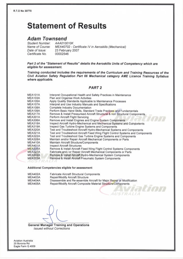 Aviation Australia Statement of Results (Cert IV in Aeroskills Mechan…