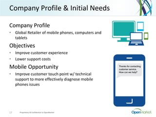 Company Profile & Initial Needs
Company Profile
• Global Retailer of mobile phones, computers and
tablets
Objectives
• Improve customer experience
• Lower support costs
Mobile Opportunity
• Improve customer touch point w/ technical
support to more effectively diagnose mobile
phones issues
Proprietary & Confidential to OpenMarket17
 