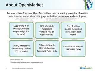 About OpenMarket
4
Supporting 4 of
the Top 10 most
respected global
brands1
40% of mobile
messaging
vendors rely on
OpenMarket2
Over 1 billion
mobile messaging
interactions each
month
Offices in Seattle,
Detroit, London,
Sydney & Pune, India
A division of Amdocs
(NASDAQ: DOX)
Smart, interactive
connectivity to over
200 countries
1 Harris Interactive 2013
2 Forrester Mobile Messaging Vendor Overview Report 2013
For more than 15 years, OpenMarket has been a leading provider of mobile
solutions for enterprises to engage with their customers and employees
Proprietary & Confidential to OpenMarket
 
