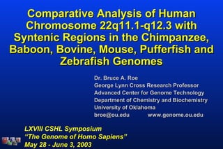 A
C
G
T
Comparative Analysis of HumanComparative Analysis of Human
Chromosome 22q11.1-q12.3 withChromosome 22q11.1-q12.3 with
Syntenic Regions in the Chimpanzee,Syntenic Regions in the Chimpanzee,
Baboon, Bovine, Mouse, Pufferfish andBaboon, Bovine, Mouse, Pufferfish and
Zebrafish GenomesZebrafish Genomes
Dr. Bruce A. RoeDr. Bruce A. Roe
George Lynn Cross Research ProfessorGeorge Lynn Cross Research Professor
Advanced Center for Genome TechnologyAdvanced Center for Genome Technology
Department of Chemistry and BiochemistryDepartment of Chemistry and Biochemistry
University of OklahomaUniversity of Oklahoma
broe@ou.edu www.genome.ou.edubroe@ou.edu www.genome.ou.edu
LXVIII CSHL Symposium
“The Genome of Homo Sapiens”
May 28 - June 3, 2003
 