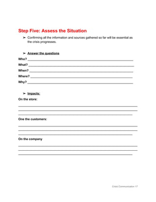  
Step Five: Assess the Situation 
➢ Confirming all the information and sources gathered so far will be essential as 
the crisis progresses.   
 
➢ Answer the questions  
Who?​ ______________________________________________________________ 
What? ​______________________________________________________________ 
When?​ _____________________________________________________________ 
Where?​ ____________________________________________________________ 
Why?​ ______________________________________________________________ 
 
➢ Impacts: 
On the store: 
______________________________________________________________________
______________________________________________________________________
___________________________________________________________________ 
One the customers: 
______________________________________________________________________
______________________________________________________________________
___________________________________________________________________ 
On the company  
______________________________________________________________________
______________________________________________________________________
___________________________________________________________________ 
 
 
 
 
Crisis Communication 17 
 