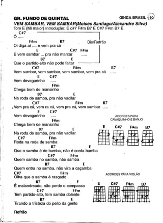 GR. FUNDO DE QUINTAL GINGA BRASIL ..fi9J
VEM SAMBAR, VEM SAMBAR(Moisés Santiago/Alexandre Silva)
Tom E (Mi maior) Introdução: E c#7 F#m B7 E C#7 F#m B7 E
Ô .~~71
F#m 87 Bis/Refrão
Di diga aí .... e vem pra cá ~'
E C#7 F#m
E vem sambar ... pra nã.o marcar .....
87 E
Que o partido-alto não pode faltar
C#7 F#m 87
Vem sambar, vem sambar, vem sambar, vem pra cá
E C#7
Vem devagarinho
F#m
Chega bem de mansinho
87 E
Na roda de samba, pra não vacilar
C#7 F#m
• Vem pra cá, vem ra cá, vem pra cá, vem sambar
E C#7
Vem devagarinho
F#m
Chega bem de mansinho
87 E
Na roda de samba, pra não vacilar
C#7 F#m
Roda na roda de samba
87 E
Que o samba é de bamba, não é corda bamba
C#7 F#m
Quem samba no samba, não samba
87 E
Quem entra no samba, não vira a caçamba
C#7 F#m
Olha que o samba é rasgado
87 E
É malandreado, não perde o compasso
C#7 F#m
Tem partido-alto, tem samba dolente
87 E
Tirando a tristeza do peito da gente
r
I
I
: :
I
·,
.!
i:
f
t
I :
r •
Refrão
87
ACORDES PARA
CAVAQUINHO E BANJO
E C#7 Fim B7
IHIR•
ACORDES PARA VIOLÃO
E C,*7 F:ltm B7
DIIIII
 