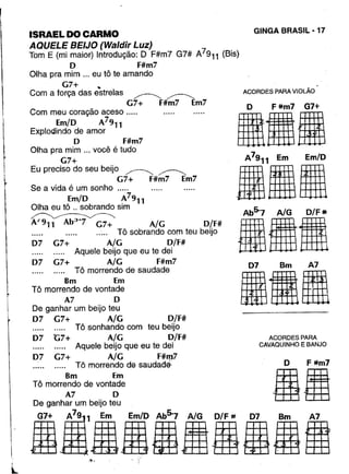 ISRAEL DO CARMO
AQUELE BEIJO (Waldir Luz)
Tom E (mi maior) Introdução: O F#m7 G7# A7911 (Bis)
O F#m7
Olha pra mim ... eu tê te amando
G7+ •
Com a força das estrelas .r=>: ~
G7+ F#m7 Em7
Com meu coração aceso .....
Em/O A7911
Explodindo de amor
O F#m7
Olha pra mim ... você é tudo
G7+
Eu preciso do seu beijo -<>: ~
G7+ F#m7 Em7
Se a vida é um sonho .....
Em/O A7911
Olha eu tô .. sobrando sim
~~~
A.l911 Ab.:J7 G7+ A/G O/F#
..... Tê sobrando com teu beijo
A/G O/F#
Aquele beijo que eu te dei
A/G F#m7
Tê morrendo de saudade
Bm Em
Tê morrendo de vontade
A7 O
De ganhar um beijo teu
D7 G7+ A/G O/F#
Tê sonhando com teu beijo
A/G D/F#
Aquele beijo que eu te dei
A/G F#m7
Tê morrendo de saudade- D F #m7
Tê morre~do de vont!~ çm ~A7 O fmgjjDe ganhar um beijo teu
Liâ'jjâlãi& i

t
D7 G7+
D7 G7+
D7 t7+
D7 G7+
l
.,..
GINGA BRASIL· 17
ACORDES PARA VIOLÁO
o F*m7 G7+
e.1IA7911 Em Em/O
•••Ab~ AlG O/F#
E.1I07 Bm A7
1111
ACORDES PARA
CAVAQUINHO E BANJO
 