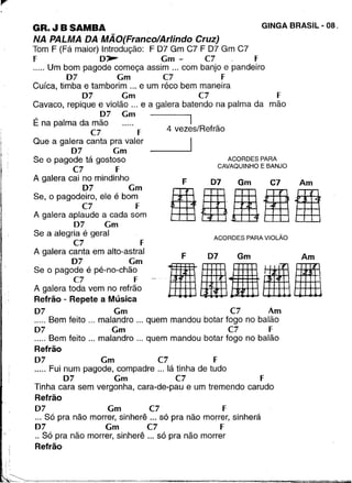 GR.JBSAMBA
NA PALMA DA MÃO(Franco/Arlindo Cruz)
Tom F (Fá maior) Introdução: F D7 Gm C7 F D7 Gm C7
F o::r Gm - C7 . F
..... Um bom pagode começa assim ... com banjo e pandeiro
07 Gm C7 F
Cuíca, timba e tamborim ... e um réco bem maneira
07 Gm C7 F
Cavaco, repique e violão ... e a galera batendo na palma da mão
07 Gm
É na palma da mão
C7 F
Que a galera canta pra valer
07 Gm
Se o pagode tá gostoso
C7 F
A galera cai no mindinho
07 Gm
Se, o pagodeiro, ele é bom
C7 F
A galera aplaude a cada som
07 Gm
Se a alegria é geral
C7 F
A galera canta em alto-astral
07 Gm
Se o pagode é pé-no-chão
C7 F
A galera toda vem no refrão
Refrão - Repete a Música
07 Gm (7 Am
..... Bem feito ... malandro ... quem mandou botar fogo no balão
07 Gm C7 F
..... Bem feito ... malandro ... quem mandou botar fogo no balão
Refrão
07 Gm (7 F
..... Fui num pagode, compadre ... lá tinha de tudo
07 Gm C7 F
Tinha cara sem vergonha, cara-de-pau e um tremendo carudo
Refrão
07 Gm (7 F
... Só pra não morrer, sinherê ... só pra não morrer, sinherá
07 Gm (7 F
.. Só pra não morrer, sinherê ... só pra não morrer
Refrão
i.i
i'·
GINGA BRASIL - 08.
I
4 vezes/Refrão
ACORDES PARA
CAVAQUINHO E BANJO
F 07 Gm C7 Am
IIIHI.ACORDES PARA VIOLÃO
F 07 Gm Am
BlillHI
 
