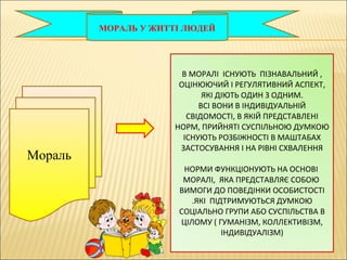 В МОРАЛІ ІСНУЮТЬ ПІЗНАВАЛЬНИЙ ,
ОЦІНЮЮЧИЙ І РЕГУЛЯТИВНИЙ АСПЕКТ,
ЯКІ ДІЮТЬ ОДИН З ОДНИМ.
ВСІ ВОНИ В ІНДИВІДУАЛЬНІЙ
СВІДОМОСТІ, В ЯКІЙ ПРЕДСТАВЛЕНІ
НОРМ, ПРИЙНЯТІ СУСПІЛЬНОЮ ДУМКОЮ
ІСНУЮТЬ РОЗБІЖНОСТІ В МАШТАБАХ
ЗАСТОСУВАННЯ І НА РІВНІ СХВАЛЕННЯ
НОРМИ ФУНКЦІОНУЮТЬ НА ОСНОВІ
МОРАЛІ, ЯКА ПРЕДСТАВЛЯЄ СОБОЮ
ВИМОГИ ДО ПОВЕДІНКИ ОСОБИСТОСТІ
.ЯКІ ПІДТРИМУЮТЬСЯ ДУМКОЮ
СОЦІАЛЬНО ГРУПИ АБО СУСПІЛЬСТВА В
ЦІЛОМУ ( ГУМАНІЗМ, КОЛЛЕКТИВІЗМ,
ІНДИВІДУАЛІЗМ)
Мораль
МОРАЛЬ У ЖИТТІ ЛЮДЕЙ
 