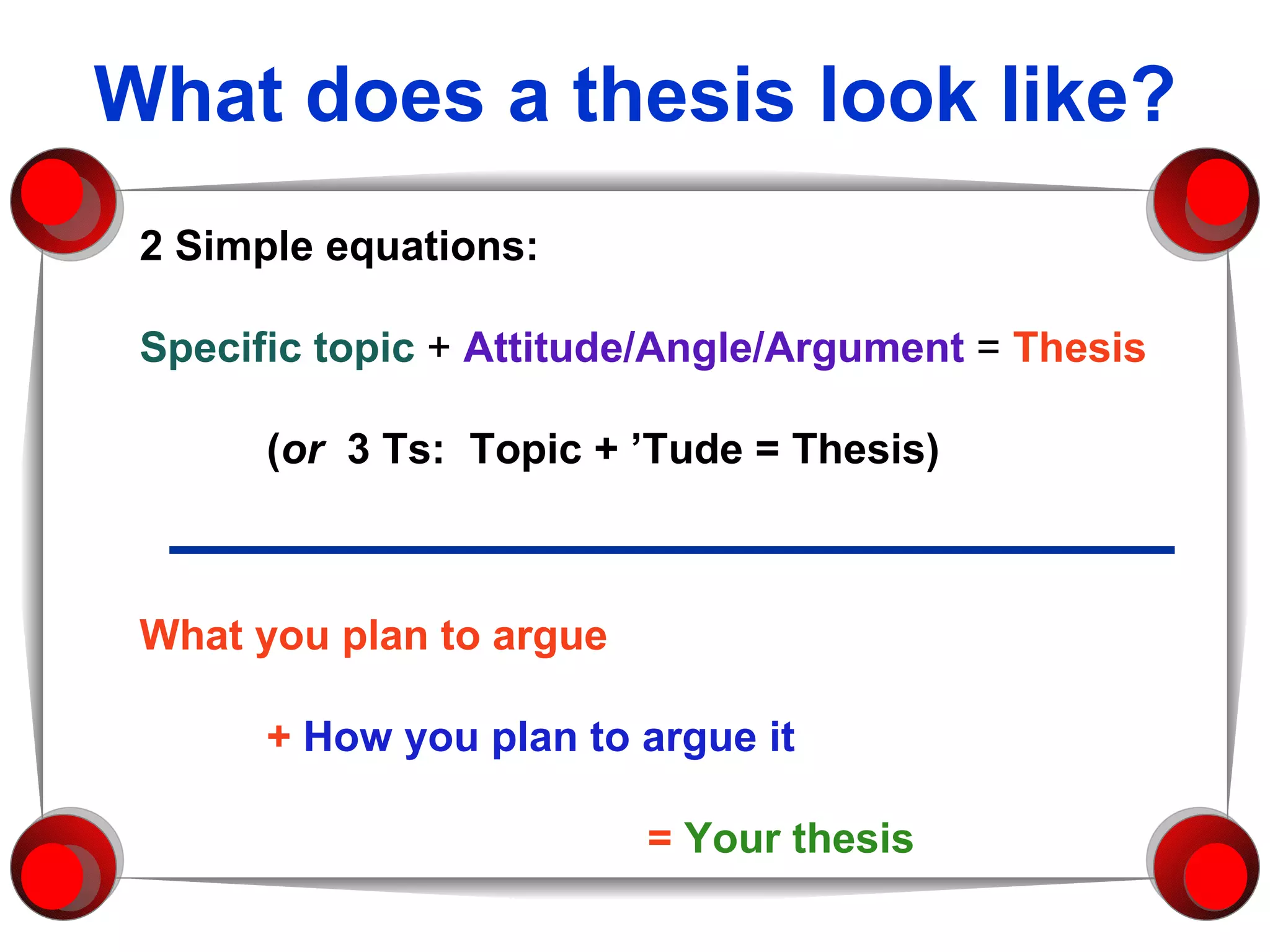What does a thesis look like? 2 Simple equations: Specific topic  +  Attitude/Angle/Argument  =  Thesis ( or  3 Ts:  Topic + ’Tude = Thesis)   What you plan to argue  +  How you plan to argue it   =  Your thesis   