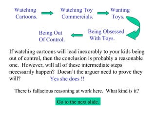Watching Cartoons.  Watching Toy Commercials. Wanting Toys. Being Obsessed With Toys. Being Out Of Control. If watching cartoons will lead inexorably to your kids being out of control, then the conclusion is probably a reasonable one.  However, will all of these intermediate steps necessarily happen?  Doesn’t the arguer need to prove they will?  Yes she does !! There is fallacious reasoning at work here.  What kind is it? Go to the next slide. 