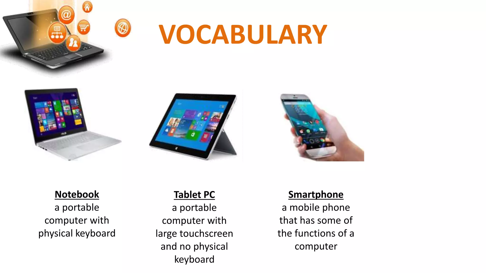 VOCABULARY
Notebook
a portable
computer with
physical keyboard
Tablet PC
a portable
computer with
large touchscreen
and no physical
keyboard
Smartphone
a mobile phone
that has some of
the functions of a
computer
 