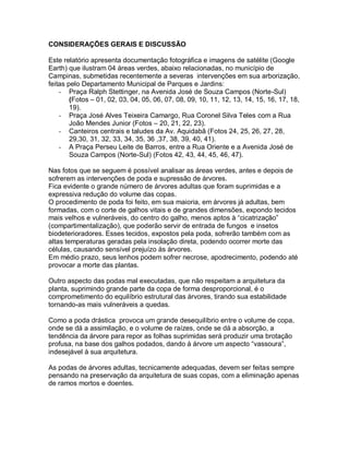 CONSIDERAÇÕES GERAIS E DISCUSSÃO
Este relatório apresenta documentação fotográfica e imagens de satélite (Google
Earth) que ilustram 04 áreas verdes, abaixo relacionadas, no município de
Campinas, submetidas recentemente a severas intervenções em sua arborização,
feitas pelo Departamento Municipal de Parques e Jardins:
- Praça Ralph Stettinger, na Avenida José de Souza Campos (Norte-Sul)
(Fotos – 01, 02, 03, 04, 05, 06, 07, 08, 09, 10, 11, 12, 13, 14, 15, 16, 17, 18,
19).
- Praça José Alves Teixeira Camargo, Rua Coronel Silva Teles com a Rua
João Mendes Junior (Fotos – 20, 21, 22, 23).
- Canteiros centrais e taludes da Av. Aquidabã (Fotos 24, 25, 26, 27, 28,
29,30, 31, 32, 33, 34, 35, 36 ,37, 38, 39, 40, 41).
- A Praça Perseu Leite de Barros, entre a Rua Oriente e a Avenida José de
Souza Campos (Norte-Sul) (Fotos 42, 43, 44, 45, 46, 47).
Nas fotos que se seguem é possível analisar as áreas verdes, antes e depois de
sofrerem as intervenções de poda e supressão de árvores.
Fica evidente o grande número de árvores adultas que foram suprimidas e a
expressiva redução do volume das copas.
O procedimento de poda foi feito, em sua maioria, em árvores já adultas, bem
formadas, com o corte de galhos vitais e de grandes dimensões, expondo tecidos
mais velhos e vulneráveis, do centro do galho, menos aptos à “cicatrização”
(compartimentalização), que poderão servir de entrada de fungos e insetos
biodeterioradores. Esses tecidos, expostos pela poda, sofrerão também com as
altas temperaturas geradas pela insolação direta, podendo ocorrer morte das
células, causando sensível prejuízo às árvores.
Em médio prazo, seus lenhos podem sofrer necrose, apodrecimento, podendo até
provocar a morte das plantas.
Outro aspecto das podas mal executadas, que não respeitam a arquitetura da
planta, suprimindo grande parte da copa de forma desproporcional, é o
comprometimento do equilíbrio estrutural das árvores, tirando sua estabilidade
tornando-as mais vulneráveis a quedas.
Como a poda drástica provoca um grande desequilíbrio entre o volume de copa,
onde se dá a assimilação, e o volume de raízes, onde se dá a absorção, a
tendência da árvore para repor as folhas suprimidas será produzir uma brotação
profusa, na base dos galhos podados, dando à árvore um aspecto “vassoura”,
indesejável à sua arquitetura.
As podas de árvores adultas, tecnicamente adequadas, devem ser feitas sempre
pensando na preservação da arquitetura de suas copas, com a eliminação apenas
de ramos mortos e doentes.
 