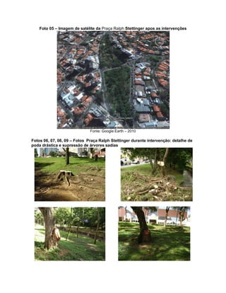 Foto 05 – Imagem de satélite da Praça Ralph Stettinger apos as intervenções
Fonte: Google Earth – 2010
Fotos 06, 07, 08, 09 – Fotos Praça Ralph Stettinger durante intervenção: detalhe de
poda drástica e supressão de árvores sadias
 