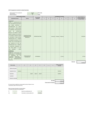 Fecha prevista de inicio de ejecución: (mes y año)
Tipo de periodo
Número de periodos (valor)
174,081.80 174,081.80 174,081.80
2,737.60
1 2 3 4 5 6 ………. n
30,000.00
6,999.77 6,999.77 6,999.77
Monto de inversión financiado con fondos públicos
¿El proyecto tiene aporte de los beneficiarios?
SÍ 0
NO X 575,982.32
2,737.60
ACCION 2.1: CAPACITACIÓN DE
BENEFICIARIOS Y AUTORIDADES
EN BONDADES DE LAS
ACTIVIDADES DEPORTIVAS Y
OPERACIÓN Y MANTENIMIENTO
DE LA INFRAESTRUCTURA
DEPORTIVA.
CAPACITACIÓN DE
INFORMACION
INTANGIBLES
Nota: La gestióndel proyecto, el expediente técnicoodocumentoequivalente, la supervisiónyla liquidaciónnosonitems.
Los gastos generales, la utilidadyel IGVformanparte de los ítem.
50,999.32
Costo total de la Inversión :
575,982.32
524,983.00
Sub total :
Sub total :
Financiado con fondos públicos (S/):
Aporte de los beneficiarios (S/):
Gestión del proyecto
Expediente técnico 30,000.00
Supervisión
Otros costos
Costos a precio de
mercado
Liquidación
Estudio de Línea Base
20,999.32
Cronograma de inversión
2 3
8.04 Cronograma de inversión de metas financieras
1
ago-19
MES
6
Acción sobre los activos
Tipo de factor
productivo
Componente /acción Activos 5 6 ………. n
Costo estimado de
inversión a precios de
mercado (Soles)
Componente 2
4
Componente 1:
ACCION 1.1: CONSTRUCCIÓN DE
UNA LOSA DEPORTIVA DE 30X20 M
CON GRASS SINTÉTICO, E
IMPLEMENTACIÓN DE ARCOS
PARA FULBITO, Y REFLECTORES
DE ALUMBRADO, INSTALACIÓN DE
TECHO DE ESTRUCTURA
METÁLICA EN FORMA DE ARCO
SOBRE COLUMNAS DE ALTURA DE
2.10 M DESDE LA BASE DE ACERO
DE REFUERZO FY=4200 KG/CM2,
CONSTRUCCIÓN DE 01 TRIBUNA
DE CONCRETO CICLÓPEO F’C=175
KG/CM2 CON 03 ESCALONES EN
UNA LONGITUD DE 27.50 ML,
CONSTRUCCIÓN DE 01 MÓDULO
DE SERVICIOS HIGIÉNICOS (01
UND. PARA DAMAS Y 01 UND.
PARA VARONES) Y CERCO
PERIMÉTRICO.
CONSTRUCCIÓN DE
INFRAESTRUCTURA
DEPORTIVA
INFRAESTRUCTURA 522,245.40
 