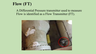 Flow (FT)
A Differential Pressure transmitter used to measure
Flow is identified as a Flow Transmitter (FT).
 
