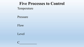Five Processes to Control
Temperature
Pressure
Flow
Level
C___________
 