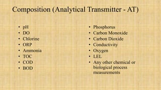 Composition (Analytical Transmitter - AT)
• pH
• DO
• Chlorine
• ORP
• Ammonia
• TOC
• COD
• BOD
• Phosphorus
• Carbon Monoxide
• Carbon Dioxide
• Conductivity
• Oxygen
• LEL
• Any other chemical or
biological process
measurements
 