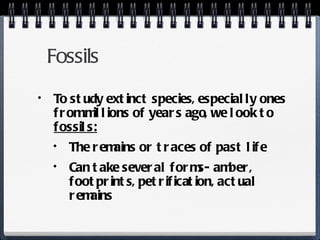 Fossils To study extinct species, especially ones from millions of years ago, we look to  fossils: The remains or traces of past life Can take several forms- amber, footprints, petrification, actual remains 