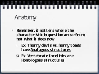 Anatomy Remember, it matters where the characteristic in question arose from, not what it does now Ex. Thorny devils vs. horny toads have  Analagous structures Ex. Vertebrate forelimbs are  Homologous structures 