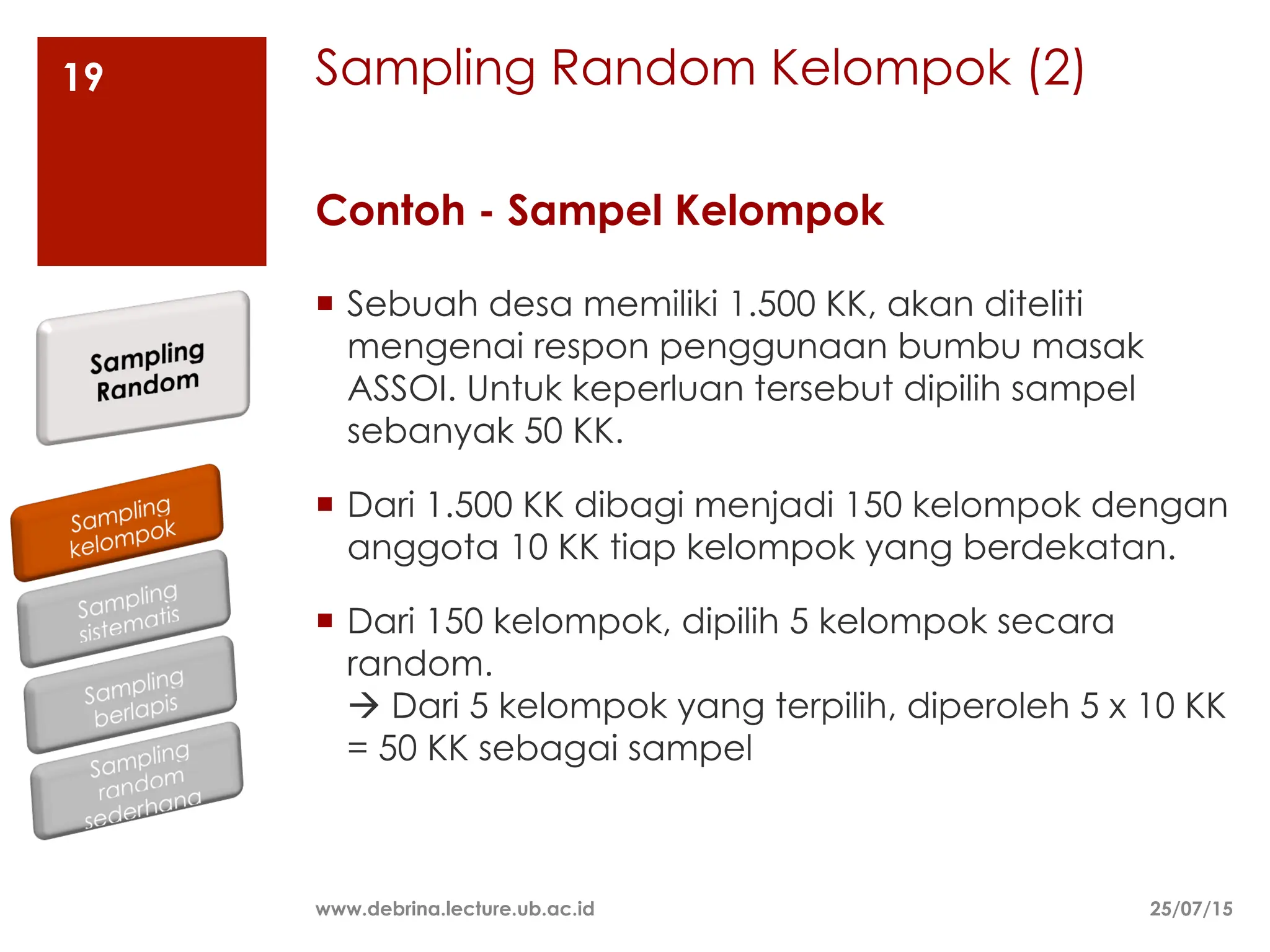 Sampling Random Kelompok (2)
25/07/15
www.debrina.lecture.ub.ac.id
19
¡ Sebuah desa memiliki 1.500 KK, akan diteliti
mengenai respon penggunaan bumbu masak
ASSOI. Untuk keperluan tersebut dipilih sampel
sebanyak 50 KK.
¡ Dari 1.500 KK dibagi menjadi 150 kelompok dengan
anggota 10 KK tiap kelompok yang berdekatan.
¡ Dari 150 kelompok, dipilih 5 kelompok secara
random.
à Dari 5 kelompok yang terpilih, diperoleh 5 x 10 KK
= 50 KK sebagai sampel
Contoh - Sampel Kelompok
 