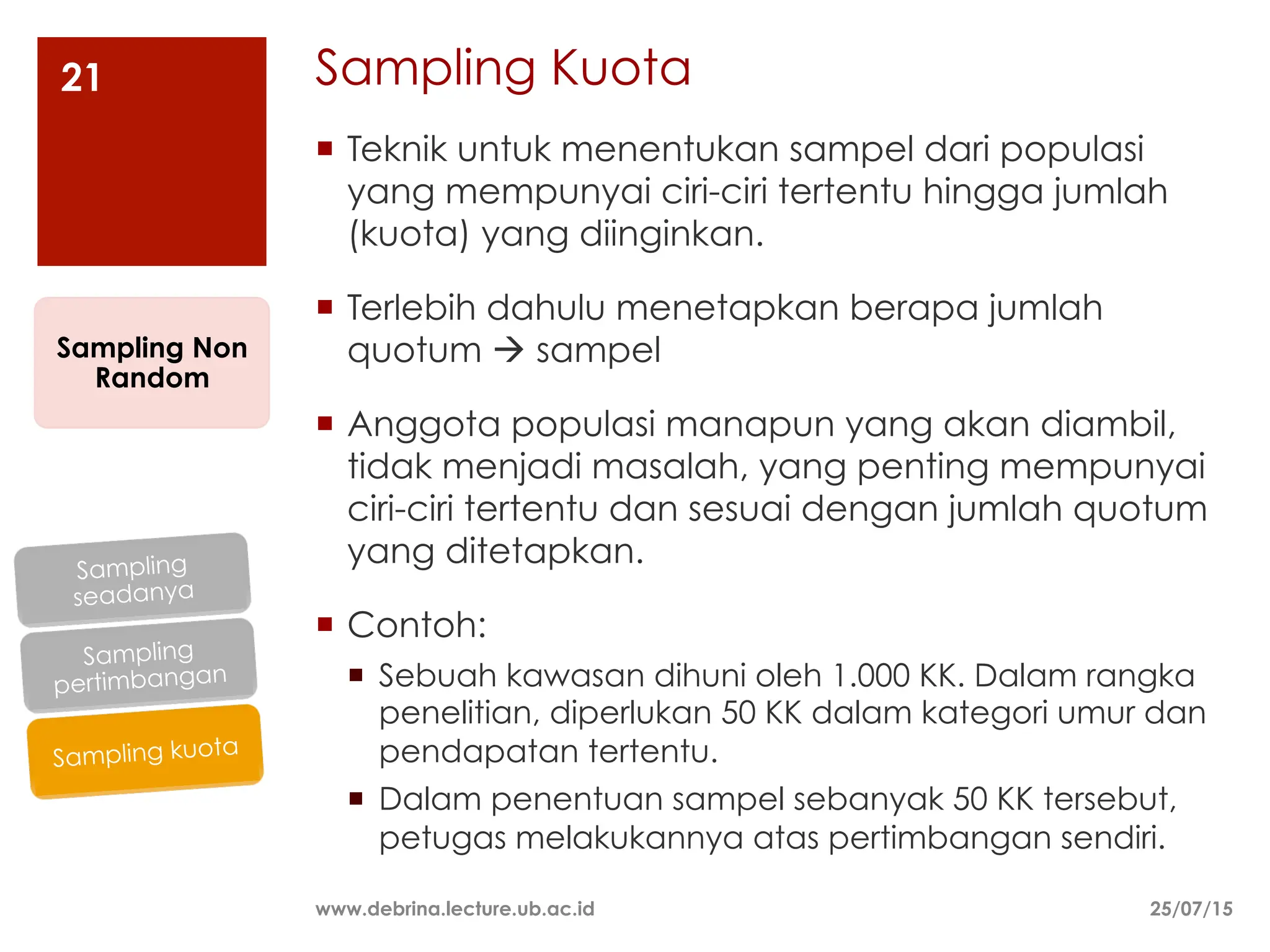Sampling Kuota
25/07/15
www.debrina.lecture.ub.ac.id
21
¡ Teknik untuk menentukan sampel dari populasi
yang mempunyai ciri-ciri tertentu hingga jumlah
(kuota) yang diinginkan.
¡ Terlebih dahulu menetapkan berapa jumlah
quotum à sampel
¡ Anggota populasi manapun yang akan diambil,
tidak menjadi masalah, yang penting mempunyai
ciri-ciri tertentu dan sesuai dengan jumlah quotum
yang ditetapkan.
¡ Contoh:
¡ Sebuah kawasan dihuni oleh 1.000 KK. Dalam rangka
penelitian, diperlukan 50 KK dalam kategori umur dan
pendapatan tertentu.
¡ Dalam penentuan sampel sebanyak 50 KK tersebut,
petugas melakukannya atas pertimbangan sendiri.
Sampling Non
Random
Sampling kuota
Sampling
pertimbangan
Sampling
seadanya
 
