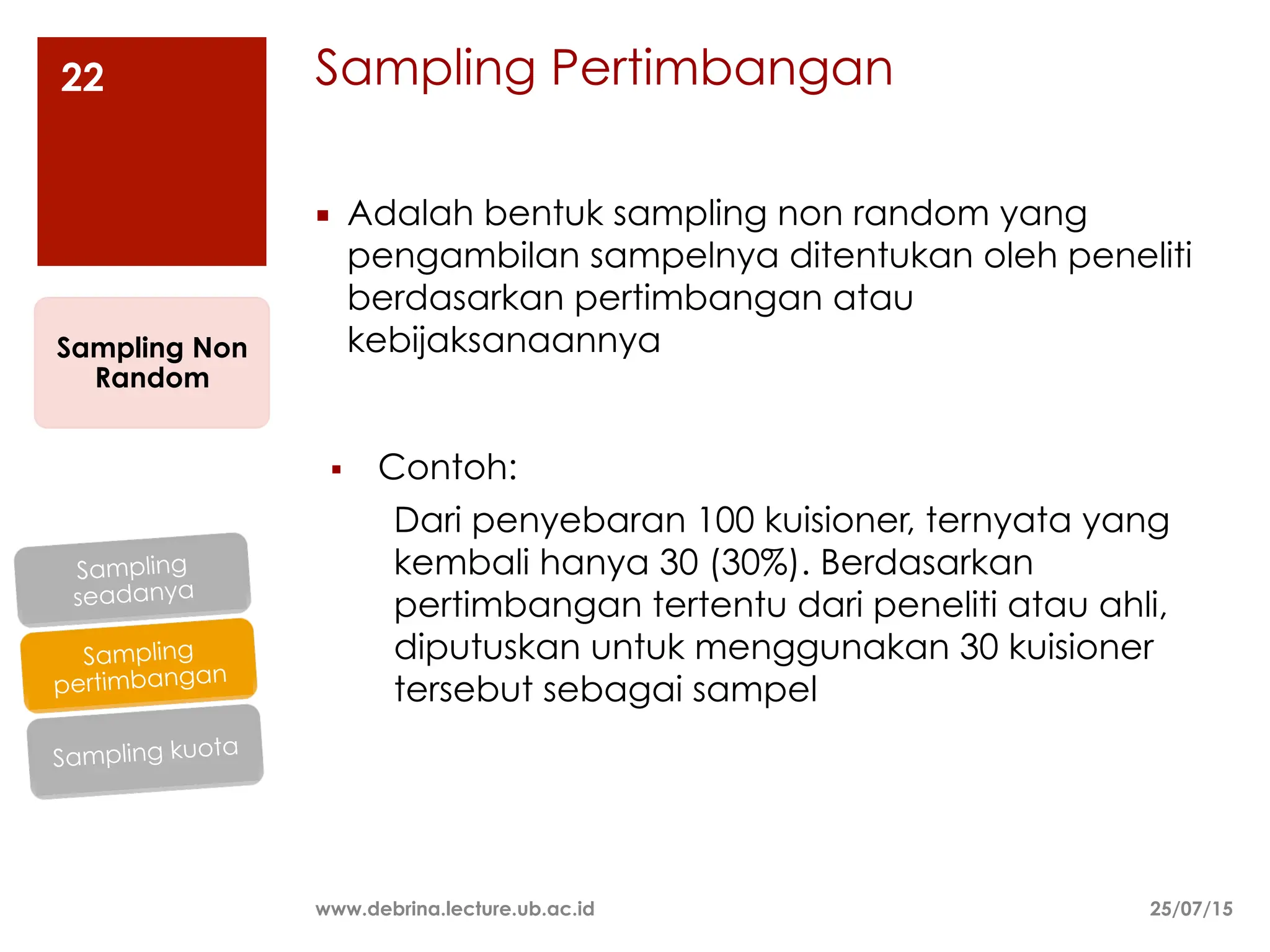 Sampling Pertimbangan
25/07/15
www.debrina.lecture.ub.ac.id
22
¡ Adalah bentuk sampling non random yang
pengambilan sampelnya ditentukan oleh peneliti
berdasarkan pertimbangan atau
kebijaksanaannya
Sampling Non
Random
Sampling kuota
Sampling
pertimbangan
Sampling
seadanya
§ Contoh:
Dari penyebaran 100 kuisioner, ternyata yang
kembali hanya 30 (30%). Berdasarkan
pertimbangan tertentu dari peneliti atau ahli,
diputuskan untuk menggunakan 30 kuisioner
tersebut sebagai sampel
 