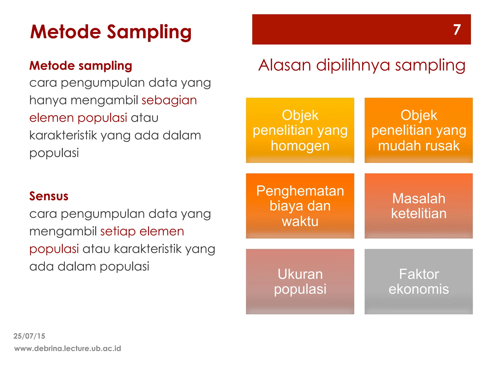 Metode Sampling
Metode sampling
cara pengumpulan data yang
hanya mengambil sebagian
elemen populasi atau
karakteristik yang ada dalam
populasi
Sensus
cara pengumpulan data yang
mengambil setiap elemen
populasi atau karakteristik yang
ada dalam populasi
25/07/15
www.debrina.lecture.ub.ac.id
7
Objek
penelitian yang
homogen
Objek
penelitian yang
mudah rusak
Penghematan
biaya dan
waktu
Masalah
ketelitian
Ukuran
populasi
Faktor
ekonomis
Alasan dipilihnya sampling
 