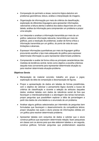  Comparação do perímetro e áreas; raciocínio lógico-dedutivo em
problemas geométricos; leitura, análise e interpretação de imagens.
 Organização de informaçção por meio de critérios de classificação;
exploração de diferentes linguagens para apresentar informações,
valorizando a leitura atenta e seletiva dos dados disponíveis em uma
tabela; análise da informação para compreender um problema e propor
uma solução.
 Ler interpretar e analisar a informação transmitida por meio de um
gráfico; selecionar informação relevante, transmitida por meio de
gráficos, para a resolução de problemas; avaliar de forma crítica a
informação transmitida por um gráfico, do ponto de vista de suas
limitações e alcances.
 Expressar informações quantitativas por meio da linguagem gráfica
procurando escolher o tipo mais adequado de gráfico para expressar
determinada informação ou para representar determinado problema.
 Compreender e avaliar de forma critica as principais características das
medidas de tendência central, tendo como objetivo a escolha criteriosa
daquela mais conveniente para representar determinada situação ou
para resolver determinada situação-problema.
Objetivos Gerais
 Manipulação de material concreto; trabalho em grupo e jogos;
exploração da idéia de composição e decomposição de figuras.
 Propor a apresentação de dados em tabelas de formas predefinidas,
com o objetivo de valorizar o pensamento lógico durante a busca de
critérios de classificação e durante a seleção de atributos daqueles
dados; analisar tabelas com dados de relevância social de fora que
favoreçam a interdisciplinaridade e a abordagem dos temas tranversais;
propor perguntas que possibilitem explorar a idéia de porcentagem a
partir dos dados de uma tabela ou o enunciado de um problema.
 Analisar alguns gráficos selecionados por intermédio de perguntas bem
formuladas que favoreçam o desenvolvimento da competência leitora;
propor situações nas quais o aluno precise de informações obtidas em
um gráfico para resolver determinado problema.
 Apresentar tabelas com conjuntos de dados e solicitar que o aluno
construa gráficos que expressem determinada relação; fazer pesqueisas
em classe com os alunos para que eles elaborem tabelas e, em seguida,
construa gráficos; formular perguntas que problematizem aspectos
 