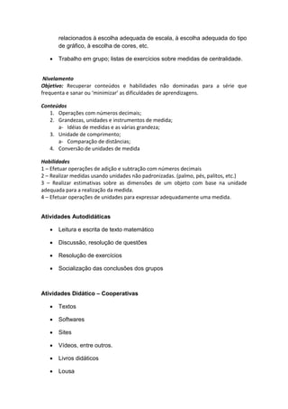 relacionados à escolha adequada de escala, à escolha adequada do tipo
de gráfico, à escolha de cores, etc.
 Trabalho em grupo; listas de exercícios sobre medidas de centralidade.
Nivelamento
Objetivo: Recuperar conteúdos e habilidades não dominadas para a série que
frequenta e sanar ou ‘minimizar’ as dificuldades de aprendizagens.
Conteúdos
1. Operações com números decimais;
2. Grandezas, unidades e instrumentos de medida;
a- Idéias de medidas e as várias grandeza;
3. Unidade de comprimento;
a- Comparação de distâncias;
4. Conversão de unidades de medida
Habilidades
1 – Efetuar operações de adição e subtração com números decimais
2 – Realizar medidas usando unidades não padronizadas. (palmo, pés, palitos, etc.)
3 – Realizar estimativas sobre as dimensões de um objeto com base na unidade
adequada para a realização da medida.
4 – Efetuar operações de unidades para expressar adequadamente uma medida.
Atividades Autodidáticas
 Leitura e escrita de texto matemático
 Discussão, resolução de questões
 Resolução de exercícios
 Socialização das conclusões dos grupos
Atividades Didático – Cooperativas
 Textos
 Softwares
 Sites
 Vídeos, entre outros.
 Livros didáticos
 Lousa
 
