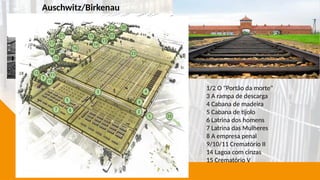 Auschwitz/Birkenau
1/2 O "Portão da morte"
3 A rampa de descarga
4 Cabana de madeira
5 Cabana de tijolo
6 Latrina dos homens
7 Latrina das Mulheres
8 A empresa penal
9/10/11 Crematório II
14 Lagoa com cinzas
15 Crematório V
 