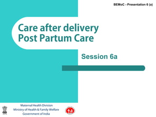 1
Care after delivery
Post Partum Care
Maternal Health Division
Ministry of Health & Family Welfare
Government of India
BEMoC - Presentation 6 (a)
Session 6a
 