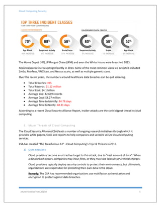 Cloud Computing Security
ARUNVIGNESH VENKATESH 5
The Home Depot (HD), JPMorgan Chase (JPM) and even the White House were breached 2015.
Reconnaissance increased significantly in 2014. Some of the most common scans we detected included
ZmEu, Morfeus, VNCScan, and Nessus scans, as well as multiple generic scans.
Over the recent years, the numbers around healthcare data breaches can be quit sobering.
 Total Breaches: 495
 Total Records: 21.12 million
 Total Cost: $4.1 billion
 Average Size: 42,659 records
 Average Cost: $8.27 million
 Average Time to Identify: 84.78 days
 Average Time to Notify: 68.31 days
According to a recent Cloud Security Alliance Report, insider attacks are the sixth biggest threat in cloud
computing.
3. Major Threats of Cloud Computing
The Cloud Security Alliance (CSA) leads a number of ongoing research initiatives through which it
provides white papers, tools and reports to help companies and vendors secure cloud computing
services.
CSA has created “The Treacherous 12” - Cloud Computing’s Top 12 Threats in 2016.
1) DATA BREACHES
Cloud providers become an attractive target to this attack, due to “vast amount of data”. When
a data breach occurs, companies may incur fines, or they may face lawsuits or criminal charges.
Cloud providers typically deploy security controls to protect their environments, but ultimately,
organizations are responsible for protecting their own data in the cloud.
Remedy: The CSA has recommended organizations use multifactor authentication and
encryption to protect against data breaches.
 