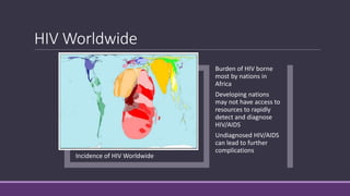 HIV Worldwide
Incidence of HIV Worldwide
Burden of HIV borne
most by nations in
Africa
Developing nations
may not have access to
resources to rapidly
detect and diagnose
HIV/AIDS
Undiagnosed HIV/AIDS
can lead to further
complications
 