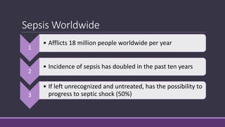 Sepsis Worldwide
1
• Afflicts 18 million people worldwide per year
2
• Incidence of sepsis has doubled in the past ten years
3
• If left unrecognized and untreated, has the possibility to
progress to septic shock (50%)
 