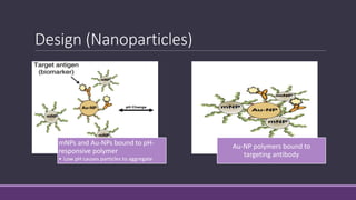 Design (Nanoparticles)
mNPs and Au-NPs bound to pH-
responsive polymer
• Low pH causes particles to aggregate
Au-NP polymers bound to
targeting antibody
 