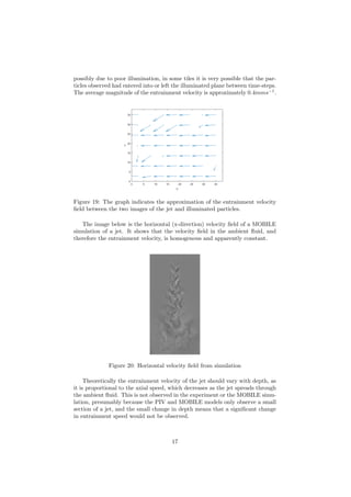 possibly due to poor illumination, in some tiles it is very possible that the par-
ticles observed had entered into or left the illuminated plane between time-steps.
The average magnitude of the entrainment velocity is approximately 0.4mms−1
.
Figure 19: The graph indicates the approximation of the entrainment velocity
ﬁeld between the two images of the jet and illuminated particles.
The image below is the horizontal (x-direction) velocity ﬁeld of a MOBILE
simulation of a jet. It shows that the velocity ﬁeld in the ambient ﬂuid, and
therefore the entrainment velocity, is homogenous and apparently constant.
Figure 20: Horizontal velocity ﬁeld from simulation
Theoretically the entrainment velocity of the jet should vary with depth, as
it is proportional to the axial speed, which decreases as the jet spreads through
the ambient ﬂuid. This is not observed in the experiment or the MOBILE simu-
lation, presumably because the PIV and MOBILE models only observe a small
section of a jet, and the small change in depth means that a signiﬁcant change
in entrainment speed would not be observed.
17
 