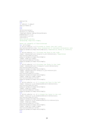 xfm(jr)=3;
end
if xfm(jr) > xdom−2
xfm(jr)=xdom−2;
end
end
divsin=sin(aray);
divsin=1.0./divsin;
ltmp=sqrt(dxray.*dxray+dzray*dzray);
ptmp=pray(ir−1,:);
conc=scal(:,ir−1);
conc=conc';
%eta=(a*conc(xf)+b);
%ptmp=ptmp.*exp(−eta.*ltmp);
%work out geometry of face−crossings
for jr=1:nrays
if xf(jr)−xfm(jr) == 0 %crosses no faces (one cell only)
eta=(a*conc(xf(jr))+b); %use calibration to calculate attenuation rate
ptmp(jr)=ptmp(jr)*exp(−eta*ltmp(jr)); %exponential decay of intensity
end
if xf(jr)−xfm(jr) == 1 %crosses one face to the right
ltmp1= (double(xf(jr))−xray(ir−1,jr))*divsin(jr); %hypotenuse
eta=(a*conc(xfm(jr))+b);
ptmp(jr)=ptmp(jr)*exp(−eta*ltmp1);
ltmp2= ltmp(jr)−ltmp1;
eta=(a*conc(xfm(jr)+1)+b);
ptmp(jr)=ptmp(jr)*exp(−eta*ltmp2);
end
if xf(jr)−xfm(jr) == 2 %crosses two faces to the right
ltmp1= (double(xf(jr))−1−xray(ir−1,jr))*divsin(jr);
eta=(a*conc(xfm(jr))+b);
ptmp(jr)=ptmp(jr)*exp(−eta*ltmp1);
ltmp2= (double(xf(jr))−xray(ir−1,jr))*divsin(jr);
ltmp2= ltmp2−ltmp1;
eta=(a*conc(xfm(jr)+1)+b);
ptmp(jr)=ptmp(jr)*exp(−eta*ltmp2);
ltmp3= ltmp(jr)−ltmp1−ltmp2;
eta=(a*conc(xfm(jr)+2)+b);
ptmp(jr)=ptmp(jr)*exp(−eta*ltmp3);
end
if xf(jr)−xfm(jr) == −1 % crosses one face to the left
ltmp1= (xray(ir−1,jr)−double(xfm(jr)))*divsin(jr);
eta=(a*conc(xfm(jr))+b);
ptmp(jr)=ptmp(jr)*exp(−eta*ltmp1);
ltmp2= ltmp(jr)−ltmp1;
eta=(a*conc(xfm(jr)−1)+b);
ptmp(jr)=ptmp(jr)*exp(−eta*ltmp2);
end
if xf(jr)−xfm(jr) == −2 % crosses two faces to the left
ltmp1= (xray(ir−1,jr)−double(xfm(jr)))*divsin(jr);
eta=(a*conc(xfm(jr))+b);
ptmp(jr)=ptmp(jr)*exp(−eta*ltmp1);
ltmp2= (xray(ir−1,jr)−double(xfm(jr)+1))*divsin(jr);
ltmp2= ltmp(jr)−ltmp1;
eta=(a*conc(xfm(jr)−1)+b);
ptmp(jr)=ptmp(jr)*exp(−eta*ltmp2);
ltmp3= ltmp(jr)−ltmp1−ltmp2;
eta=(a*conc(xfm(jr)−2)+b);
ptmp(jr)=ptmp(jr)*exp(−eta*ltmp3);
end
end
29
 