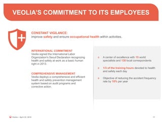 VEOLIA’S COMMITMENT TO ITS EMPLOYEES
17
A center of excellence with 15 world
specialists and 130 local correspondents
1/3 of the training hours devoted to health
and safety each day
Objective of reducing the accident frequency
rate by 10% per year
CONSTANT VIGILANCE:
improve safety and ensure occupational health within activities.
INTERNATIONAL COMMITMENT
Veolia signed the International Labor
Organization's Seoul Declaration recognizing
health and safety at work as a basic human
right in 2013.
COMPREHENSIVE MANAGEMENT
Veolia deploys a comprehensive and efficient
health and safety prevention management
system based on audit programs and
corrective action.
Veolia – April 22, 2015
 
