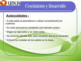 Autocuidados : A esta edad ya aprendieron a utilizar correctamente los cubiertos Su aseo personal es constante y por decisión propia.. Eligen su ropa solos y se visten solos.. Se lavan los dientes solo, pero necesitan que se lo recuerden Critican los modales de los padres en la mesa.. Crecimiento y Desarrollo 