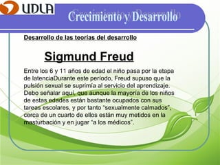 Crecimiento y Desarrollo Desarrollo de las teorías del desarrollo Sigmund Freud Entre los 6 y 11 años de edad el niño pasa por la etapa de latencia Durante este período, Freud supuso que la pulsión sexual se suprimía al servicio del aprendizaje. Debo señalar aquí, que aunque la mayoría de los niños de estas edades están bastante ocupados con sus tareas escolares, y por tanto “sexualmente calmados”, cerca de un cuarto de ellos están muy metidos en la masturbación y en jugar “a los médicos”. 