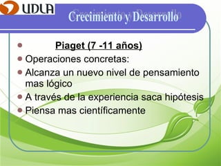 Piaget (7 -11 años) Operaciones concretas: Alcanza un nuevo nivel de pensamiento mas lógico A través de la experiencia saca hipótesis Piensa mas científicamente Crecimiento y Desarrollo 