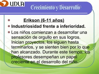 Erikson (6-11 años) Industriosidad frente a inferioridad. Los niños comienzan a desarrollar una sensación de orgullo en sus logros. Inician proyectos, los siguen hasta terminarlos, y se sienten bien por lo que han alcanzado. Durante este tiempo, los profesores desempeñan un papel creciente en el desarrollo del niño.  Crecimiento y Desarrollo 