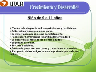 Crecimiento y Desarrollo Niño de 9 a 11 años Tienen más elegancia en los movimientos y habilidades. Salta, brinca y persigue a sus pares. Se viste y asea por sí mismo completamente. Puede usar herramientas ( martillo, destornillador ) Se desarrolla al resto de los dientes adultos. Su pintura es mejor. Son más sociables. Gustan de pasar con sus pares y tratar de ser como ellos.  La opinión de los amigos es más importante que la de los padres 