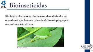 São inseticidas de ocorrência natural ou derivados de
organismos que fazem o controle de insetos pragas por
mecanismos não tóxicos.
16
Fonte: Embrapa.
Bioinseticidas
 