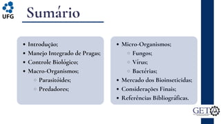 Introdução;
Manejo Integrado de Pragas;
Controle Biológico;
Macro-Organismos;
Parasitóides;
Predadores;
Sumário
Micro-Organismos;
Fungos;
Vírus;
Bactérias;
Mercado dos Bioinseticidas;
Considerações Finais;
Referências Bibliográficas.
 