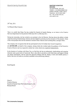 Elena Tan Saatchi Beijing Referral Letter