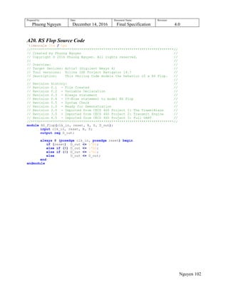 Prepared by:
Phuong Nguyen
Date:
December 14, 2016
Document Name:
Final Specification
Revision:
4.0
Nguyen 102
A20. RS Flop Source Code
`timescale 1ns / 1ps
//***********************************************************************//
// Created by Phuong Nguyen //
// Copyright © 2016 Phuong Nguyen. All rights reserved. //
// //
// Overview: //
// Target Devices: Artix7 (Digilent Nexys 4) //
// Tool versions: Xilinx ISE Project Navigator 14.7 //
// Description: This Verilog Code models the behavior of a RS Flop. //
// //
// Revision History: //
// Revision 0.1 - File Created //
// Revision 0.2 - Variable Declaration //
// Revision 0.3 - Always statement //
// Revision 0.4 - If-Else statement to model RS Flop //
// Revision 0.5 - Syntax Check //
// Revision 1.0 - Ready for Demonstration //
// Revision 2.0 - Imported from CECS 460 Project 1: The TramelBlaze //
// Revision 3.0 - Imported from CECS 460 Project 2: Transmit Engine //
// Revision 4.0 - Imported from CECS 460 Project 3: Full UART //
//***********************************************************************//
module RS_Flop(clk_in, reset, R, S, D_out);
input clk_in, reset, R, S;
output reg D_out;
always @ (posedge clk_in, posedge reset) begin
if (reset) D_out <= 1'b0;
else if (R) D_out <= 1'b0;
else if (S) D_out <= 1'b1;
else D_out <= D_out;
end
endmodule
 