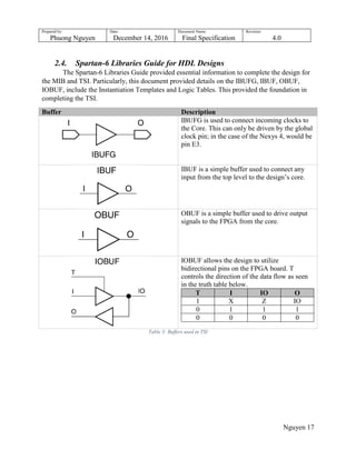 Prepared by:
Phuong Nguyen
Date:
December 14, 2016
Document Name:
Final Specification
Revision:
4.0
Nguyen 17
2.4. Spartan-6 Libraries Guide for HDL Designs
The Spartan-6 Libraries Guide provided essential information to complete the design for
the MIB and TSI. Particularly, this document provided details on the IBUFG, IBUF, OBUF,
IOBUF, include the Instantiation Templates and Logic Tables. This provided the foundation in
completing the TSI.
Buffer Description
IBUFG is used to connect incoming clocks to
the Core. This can only be driven by the global
clock pin; in the case of the Nexys 4, would be
pin E3.
IBUF is a simple buffer used to connect any
input from the top level to the design‟s core.
OBUF is a simple buffer used to drive output
signals to the FPGA from the core.
IOBUF allows the design to utilize
bidirectional pins on the FPGA board. T
controls the direction of the data flow as seen
in the truth table below.
T I IO O
1 X Z IO
0 1 1 1
0 0 0 0
Table 3: Buffers used in TSI
 