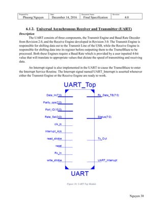Prepared by:
Phuong Nguyen
Date:
December 14, 2016
Document Name:
Final Specification
Revision:
4.0
Nguyen 38
6.1.2. Universal Asynchronous Receiver and Transmitter (UART)
Description
The UART consists of three components, the Transmit Engine and Baud Rate Decoder
from Revision 2.0, and the Receive Engine developed in Revision 3.0. The Transmit Engine is
responsible for shifting data out to the Transmit Line of the USB, while the Receive Engine is
responsible for shifting data into its register before outputting them to the TramelBlaze to be
processed. Both these Engines require a Baud Rate which is provided by a user inputted 4-bit
value that will translate to appropriate values that dictate the speed of transmitting and receiving
data.
An Interrupt signal is also implemented in the UART to cause the TramelBlaze to enter
the Interrupt Service Routine. The Interrupt signal named UART_Interrupt is asserted whenever
either the Transmit Engine or the Receive Engine are ready to work.
Figure 16: UART Top Module
 