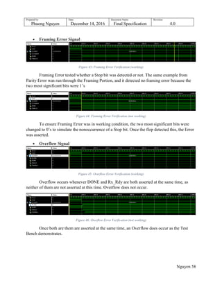 Prepared by:
Phuong Nguyen
Date:
December 14, 2016
Document Name:
Final Specification
Revision:
4.0
Nguyen 58
 Framing Error Signal
Figure 43: Framing Error Verification (working)
Framing Error tested whether a Stop bit was detected or not. The same example from
Parity Error was run through the Framing Portion, and it detected no framing error because the
two most significant bits were 1‟s
Figure 44: Framing Error Verification (not working)
To ensure Framing Error was in working condition, the two most significant bits were
changed to 0‟s to simulate the nonoccurrence of a Stop bit. Once the flop detected this, the Error
was asserted.
 Overflow Signal
Figure 45: Overflow Error Verification (working)
Overflow occurs whenever DONE and Rx_Rdy are both asserted at the same time, as
neither of them are not asserted at this time. Overflow does not occur.
Figure 46: Overflow Error Verification (not working)
Once both are them are asserted at the same time, an Overflow does occur as the Test
Bench demonstrates.
 