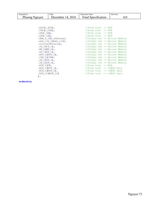 Prepared by:
Phuong Nguyen
Date:
December 14, 2016
Document Name:
Final Specification
Revision:
4.0
Nguyen 73
.ADV(c_ADV), //From Core -- MIB
.CRE(c_CRE), //From Core -- MIB
.UB(c_UB), //From Core -- MIB
.LB(c_LB), //From Core -- MIB
.MEM_A_O(m_address), //Global Out -- Micron Memory
.mem_clk_O(mem_clk), //Global Out -- Micron Memory
.statusO(status), //Global Out -- Micron Memory
.CE_O(CE_n), //Global Out -- Micron Memory
.WE_O(WE_n), //Global Out -- Micron Memory
.OE_O(OE_n), //Global Out -- Micron Memory
.ADV_O(ADV_n), //Global Out -- Micron Memory
.CRE_O(CRE), //Global Out -- Micron Memory
.UB_O(UB_n), //Global Out -- Micron Memory
.LB_O(LB_n), //Global Out -- Micron Memory
.MIB_T(T), //From Core -- MIB
.MIB_I(MIB_I), //From Core -- IOBUF Data
.MIB_O(MIB_O), //From Core -- IOBUF Data
.MIB_IO(MIB_IO) //From Core -- IOBUF Data
);
endmodule
 